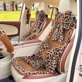seemehappy Plush Leopard Front Car Seat Covers and Rear Car Seat Covers Set Velvet Car Seat Cushions Set -Luxury Plus