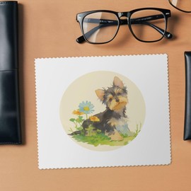 2 x 'Cute Yorkshire Terrier Puppy with Flowers' Microfibre Lens/Glasses Cleaning Cloths (LC00032175)