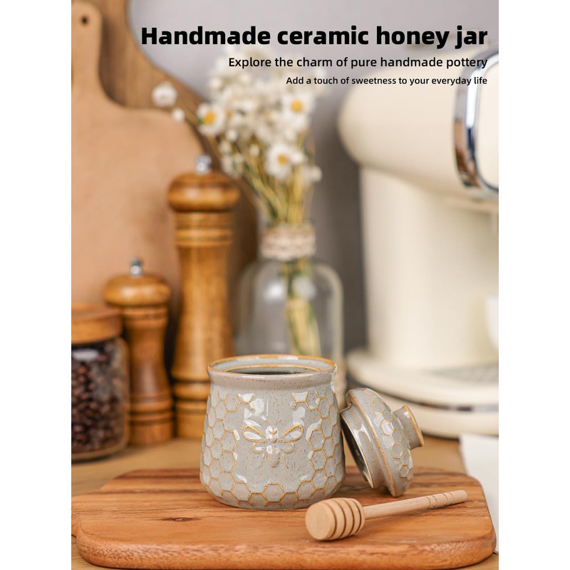 QUXIJA Ceramic Honey Jar with Dipper and Lid 10oz, Honey