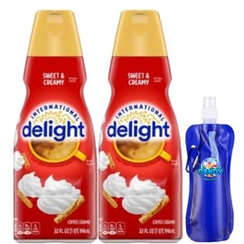 International-Delight Liquid Coffee Creamer.- Two (2) 32 fl oz Bottles of Creamy Smooth Delightful Coffee Creamer and Candy Freezer Collapsible Bottle (Sweet & Creamy) - Bottle