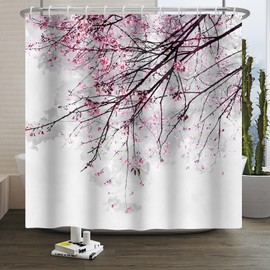 Xiaoterna Spring Shower Curtain, Cherry Blossom Shower Curtain, Red Plum, Floral Bathroom Curtain, Chinese Oriental Ink Painting, Shower Curtain, Machine Washable, Waterproof Fabric, 180 x 180 cm