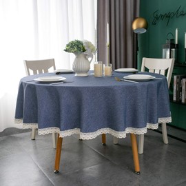 EHouseHome Faux Linen Tablecloth with Lace Trim - Waterproof/Spill Proof/Stain Resistant/Wrinkle Free/Oil Proof - for Banquet, Parties, Dinner,Wedding,Holiday,Denim Blue Round 60Inch