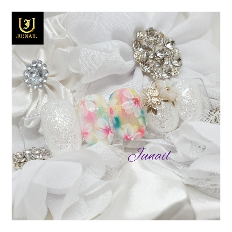Flowering Spring Handmade Nail Tips - Short C Curve Coffin