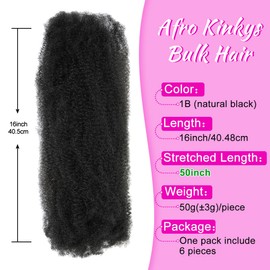 Youngther Afro Kinkys Bulk Hair 16 inch 6 Packs Natural Black Kinky twist hair for Dreadlocks extensions Soft Spring twist for repair Locs, micro Twists/Marley twist braiding hair（16inch 1B）