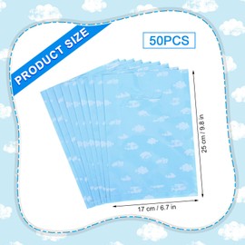 PEUTIER 50pcs Blue Sky White Clouds Gift Bags, Plastic Party Favor Bags with Handle Blue Cartoon Candy Goodie Bags Baby Shower Treat Bags Presents Bags for Baby Shower Birthday Party Supplies