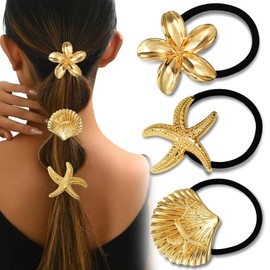 3PCS Gold Hair Ties, Metal Hair Ties for Thick Hair, Elegant Durable Geometric Design, Gold Hair Accessories Stretchy and Non-Damage Ponytail Holders, Ocean Pattern 3 Style