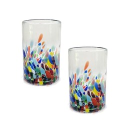 Water glasses - Mexican hand blown glass, set of 2 - Multi color Confetti