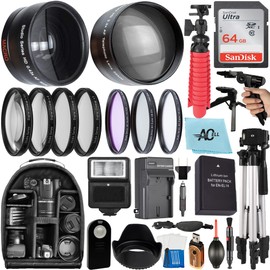 A-Cell 55mm Accessory Bundle for Nikon D3400 D3500 D5500 D5600 D7500 and More with 64GB SanDisk Memory Card, Wide Angle Marco, Telephoto Lens, Close Up, Filter Kit, Tripod, Backpack, AC55MMACCB