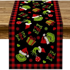 PAKCHOICE Christmas Table Runner, Linen Grinch Christmas Table Runner Merry Christmas Tablecloth Christmas Xmas Winter Holiday Home Kitchen Dining Room Table Decorations 13x72 Inch (Black Red)