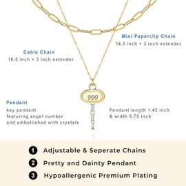 BONALUNA Angel Number Dainty Gold Necklace - 2 Layered & Separate Chains with Key Crystal Embellished Penant for Women, Perfect Jewelry for Gifts