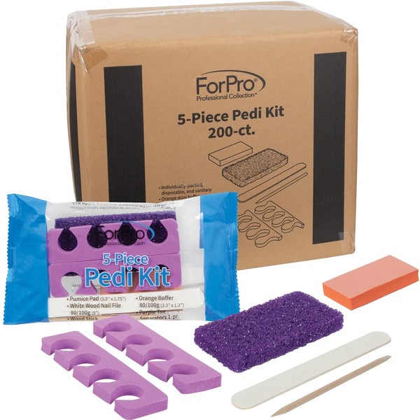 ForPro Professional Collection 5-Piece Pedicure Kit, 200-Count, Individually-Packed, Purple Pumice Pad, Wood Nail File 80/100 Grit, Mini Buffer 80/100 Grit, Wood Stick, Toe Separators