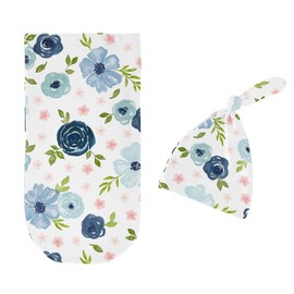 Sweet Jojo Designs Watercolor Floral Baby Girl Cocoon and Beanie Hat 2pc Set Jersey Stretch Knit Sleeping Bag for Infant Newborn Nursery Sleep Wrap Sack - Navy Blue Pink Boho Shabby Chic Rose Flower
