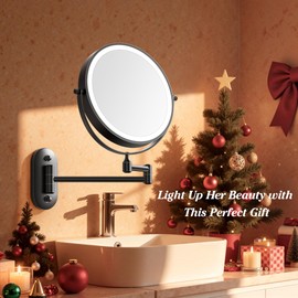 Auxmir 8'' Wall Mounted Lighted Makeup Mirror, 3200mAh Rechargeable Double-Sided 1X/20X Magnifying Mirror with Light, Touch Dimmable 3 Color Light, 360° Rotation Foldable Extended Arm, Black