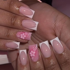 24 Pcs Pink Press on Nails Short Square Nail Tips,YEFIUO White French Acrylic Ombre Fake Nails Press ons 3D Flowers Nail Charms Design Glue on Nails Full Cover Reusable False Nails Art Kit for Ma'am