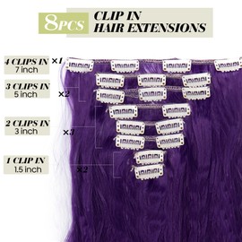 S-noilite Clip-In Hair Extensions, Wavy, 8-Piece Set, 18 Clips, for Full Head, Like Real Hair, 60 cm, Purple/Blue
