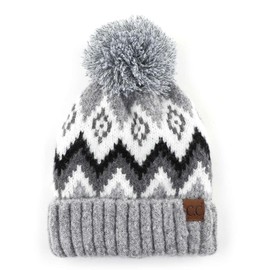 C.C Multi Blend Pom Soft Fuzzy Lined Thick Knit Cuff Beanie Hat, Aztec Light Melange Gray