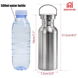 Uninsulated Stainless Steel Water Bottle, Single Wall, with Carrying Loop, 17oz Leak Proof Wide Opening No Plastic, Metal Bottles Container for Cyclists Sports Beach Goers Runner Hiker Picnics, Silver