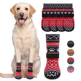 KOOLTAIL Dog Socks to Prevent Licking Paws for Hardwood Floors Anti Slip, Winter Warm Dog Boots&Paw Protector with Grippers, Double Sides Dog Shoes Booties for Small Medium Large Senior Dogs Red L