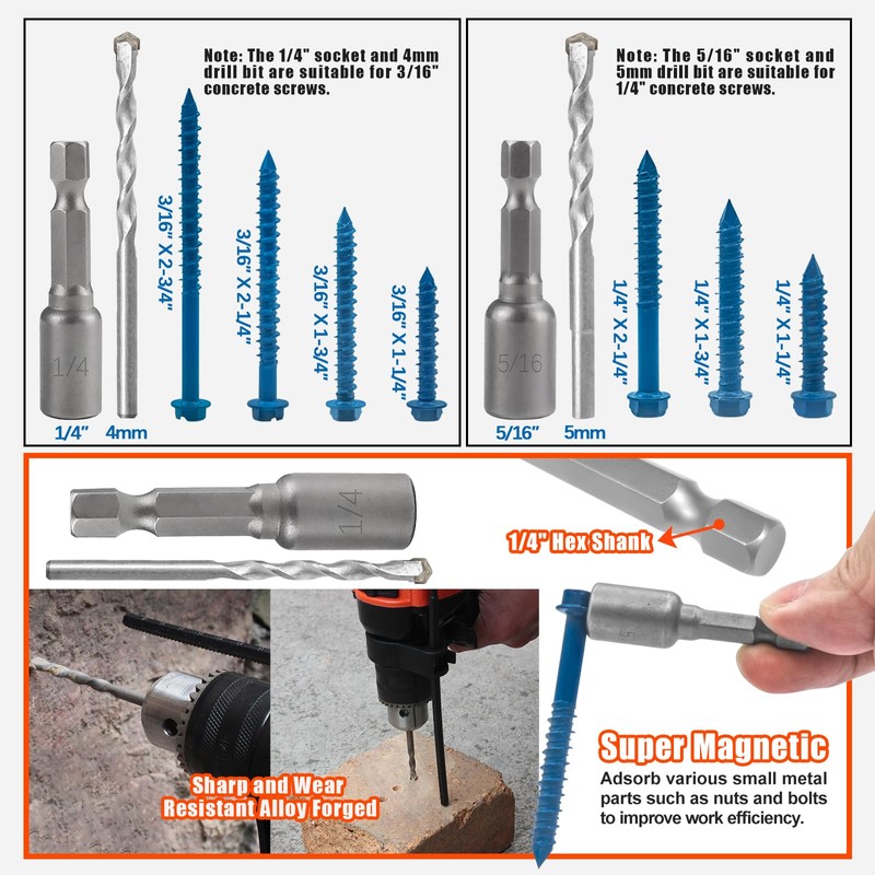 RURITKIT 200Pcs Concrete Screws with Drill Bit and Driver bit,