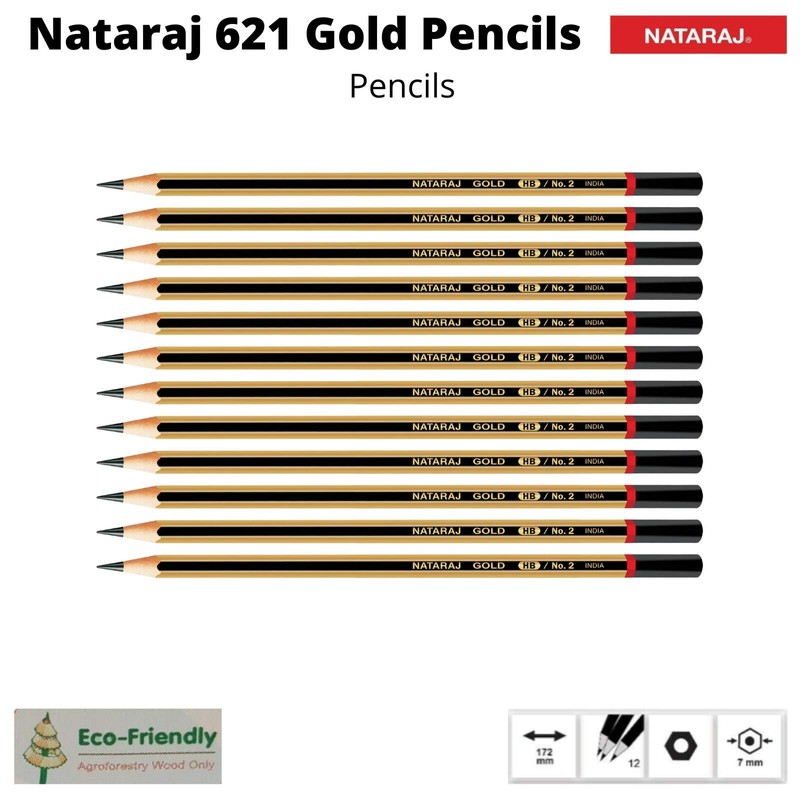 12 x Natraj Gold body Hexagonal Shape HB Graphite Pencils