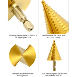 QWORK® 5-Piece Step Drill Taper Drill Bit Titanium Coated HSS 4241-4-12 mm / 3-13 mm / 4-20 mm / 5-35 mm / 4-32 mm - for Sheet Metal Wood Plastics
