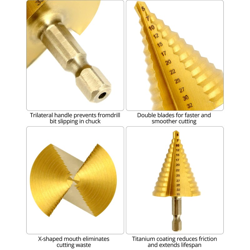 QWORK® 5-Piece Step Drill Taper Drill Bit Titanium Coated HSS