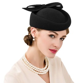 F FADVES British Style Pillbox Hat Retro Wool Fascinator Wedding Derby Church Party Hats Black