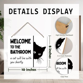 Udinaz Funny Black Cat Welcome Hanging Sign for Bathroom, Funny Bathroom Wall Decor, Humorous Black Cat Hanging Wood Plaque Decor for Bath Room Washroom Wall Door Decorations
