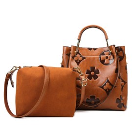 Travistar Floral Handbags and Purses Women - Retro Embossed Leather Top Handle Handbag Set Large Women's Shoulder Bag Trendy Hobo Purse Ladies Bucket Satchel Bags Chic Work Tote with Pouch Brown