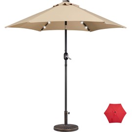 Yaheetech 7.5FT LED Patio Umbrella Market Umbrella Solar Powered Outdoor Table Umbrella with 26.5lb Round Umbrella Base All Weather Umbrella Stand for Garden/Lawn/Deck/Backyard/Pool, Tan