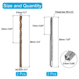 sourcing map Tap and Drill Bit Set, 2pcs M3 x 0.5 Metric Straight Flute Thread Screw Taps & 2pcs 2.5mm Twist Drill Bits, Uncoated/Roasted Yellow HSS-6542/M35 HSS-CO Tapping Threading Tool
