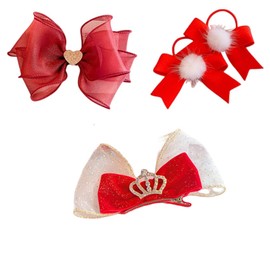 FEIFEI'S BOW 4 PCS New Year Xmas Christmas Party Princess Rhinestone Bow Pom Hair Clips Girls kids Ribbon Gift Set Hair Accessories Barrettes Clip Bows (Set03)