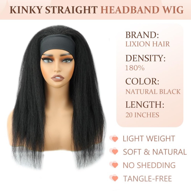 LIXION Headband Wig Human Hair 26 Inch Kinky Straight Headband