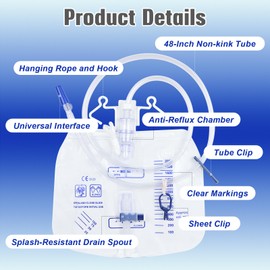 5 Pack 2000mL Catheter Bags for Men and Women，Professional Urinary Drainage Bag with Anti-Reflux Chamber，Urine Bag with 48” Thickened Drainage Tube, Adjustable Clips & Hanging Hook for Home