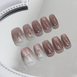 30pcs Pale Pink Cat Eye Press on Nails Short Coffin Fake Nails Set Glitter Stick on Nails Glue-on Nails Acrylic Full Cover False Nails New Year Valentines Day Women Brides Nail Art Accessories