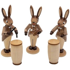 Seiffener Volkskunst Bernd Zschorn Easter Bunny Trio, Easter Decoration, Easter Decoration from the Ore Mountains, 8 cm, Set of 3, with Tambourine, Tonewood, Conga