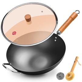 WANGYUANJI 12.6" Flat-Bottom Iron Wok with Glass Lid, Uncoated Stir-Fry Pan, Fast-Heating Refined Iron, Induction/Gas/Electric Compatible, Wooden Handle (Seasoning Required)