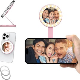 NAIDUN Metal Mini Multifunctional Magnetic Makeup Mirror, LED Portable Phone Photography Light, Can Also Be Used as a Phone Stand Multicolor - Color: Pink
