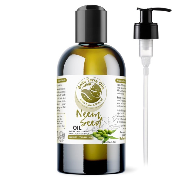 Bella Terra Oils - Organic Neem Seed Oil 8oz - Embrace Organic Neem's Richness, Packed with Azadirachtin & Nimbolide, Elevate Your Skin's Natural Glow