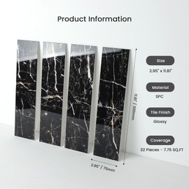 HOMEART 32PCS Black Peel and Stick Backsplash, 3” x 12” Stone Composite Faux Marble Subway Tile Self Adhesive Stick on Wall Tiles for Kitchen Bathroom Fireplace