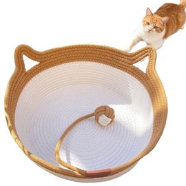 FHKPET Instinct Basket, Stimuli Handwoven cat Basket Rope Cotton Eliminates Bed Rejection Round Pet Basket, Boho Catbed for Cats Handwoven Scratchable Breathable Weave (Large)
