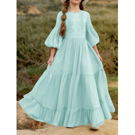 Girls Boho Dresses 3/4 Sleeve V-Back Lace Flower Crew Neck Tiered Ruffle Swing Party Maxi Dress