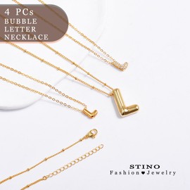 stino Initial Letter Necklace Set, 4-Piece Gold Plated Bubble Alphabet Pendant, No Tarnish Layered Chain Jewelry for Women (L)