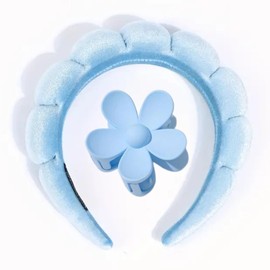 Spa Headband and Flower Hair Clip Set, 2 Pieces, (Light Blue Headhand, Flower Clip)