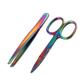 OdontoMed2011® 2 PCS Eyebrow Scissor Straight & TWEEZER Slant TIP Facial Hair Remover Chameleon Rainbow Stainless Steel Makeup Tool Multi Color