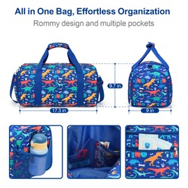 Bagseri Kids Duffle Bag Boys - Waterproof Sports Gym Bag for Travel Sleepover Overnight Bag with Shoe Compartment and Dry Wet Separation Pockets (Blue Dinosaur)