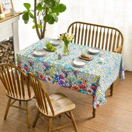 Horaldaily Spring Tablecloth 60×84 Inch Rectangular, Birds Flying Wild Flowers Blooming Floral Seasonal Table Cover for Party Dinner Patio Garden Picnic BBQ