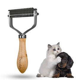 Pet Undercoat Rake for Dogs and Cats, Featuring Double-Sided Steel Blade for Knot Removal and Shedding Control, Complete with Wooden Handle, Suitable for All Hair Types