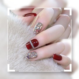 Pure Handmade Nails Press on Nail Reusable Fake Nails Red Gold Rhinestones Bling Bling Nude Medium Stick on Nails French Tip False Nails 10pcs (L, Q168)