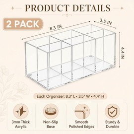 Zhehao 2 Pack Clear Acrylic Desk Organizer, 6-Slot Makeup Brush Holder and Pen Holder, Cosmetic Storage Organizer for Vanity, Bathroom Countertop, Office Desk, Pens, Markers, Lipsticks and Nail Tools